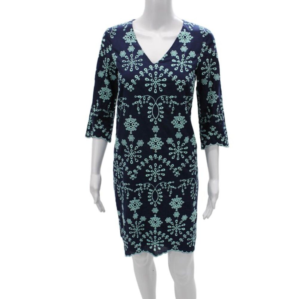 STS Sail To Sable Women Shift Dress Blue Geometric V-Neck 3/4 Sleeve Size XS